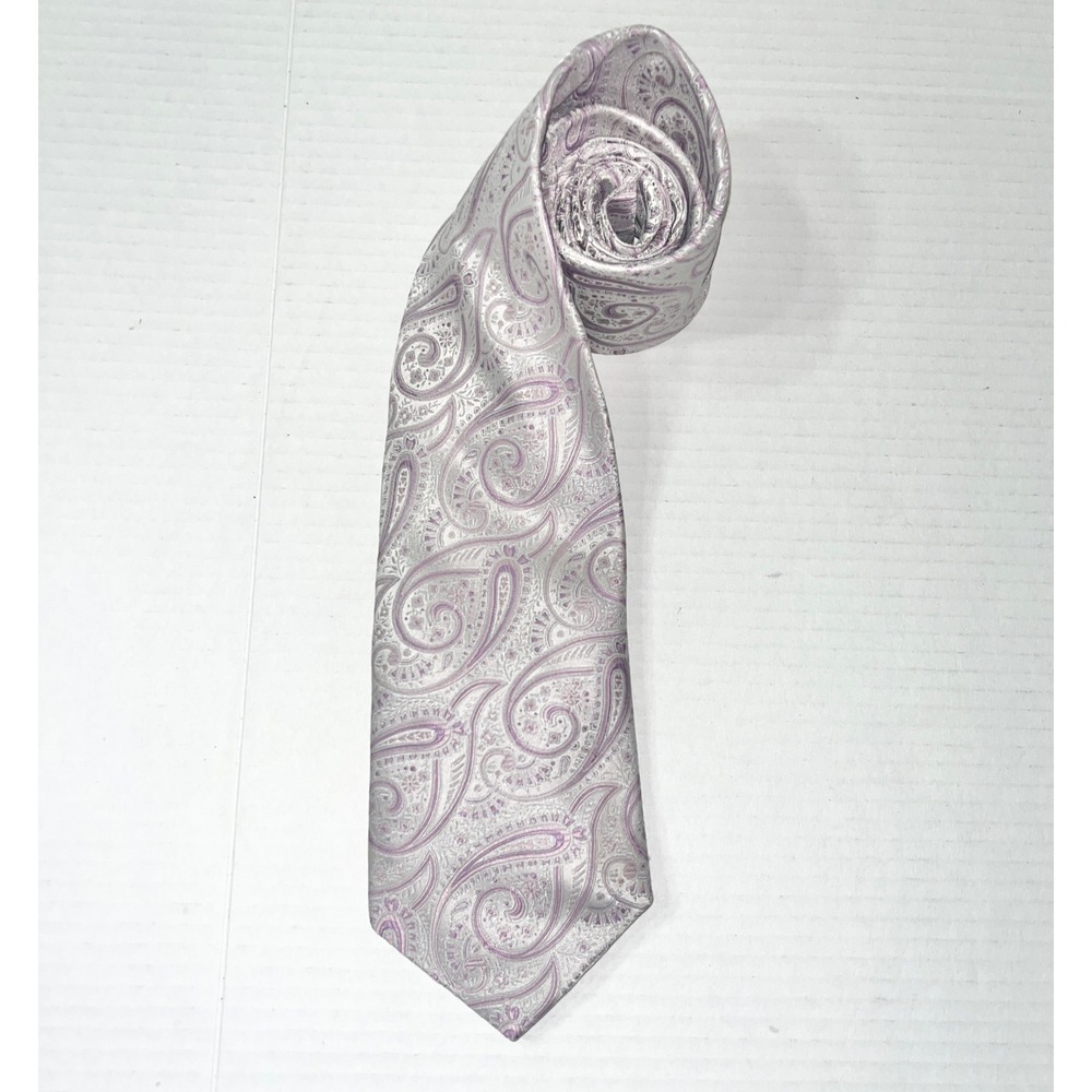Pronto Uomo Mens Silk Tie Silver Lavender Purple Paisley Formal Wedding Business